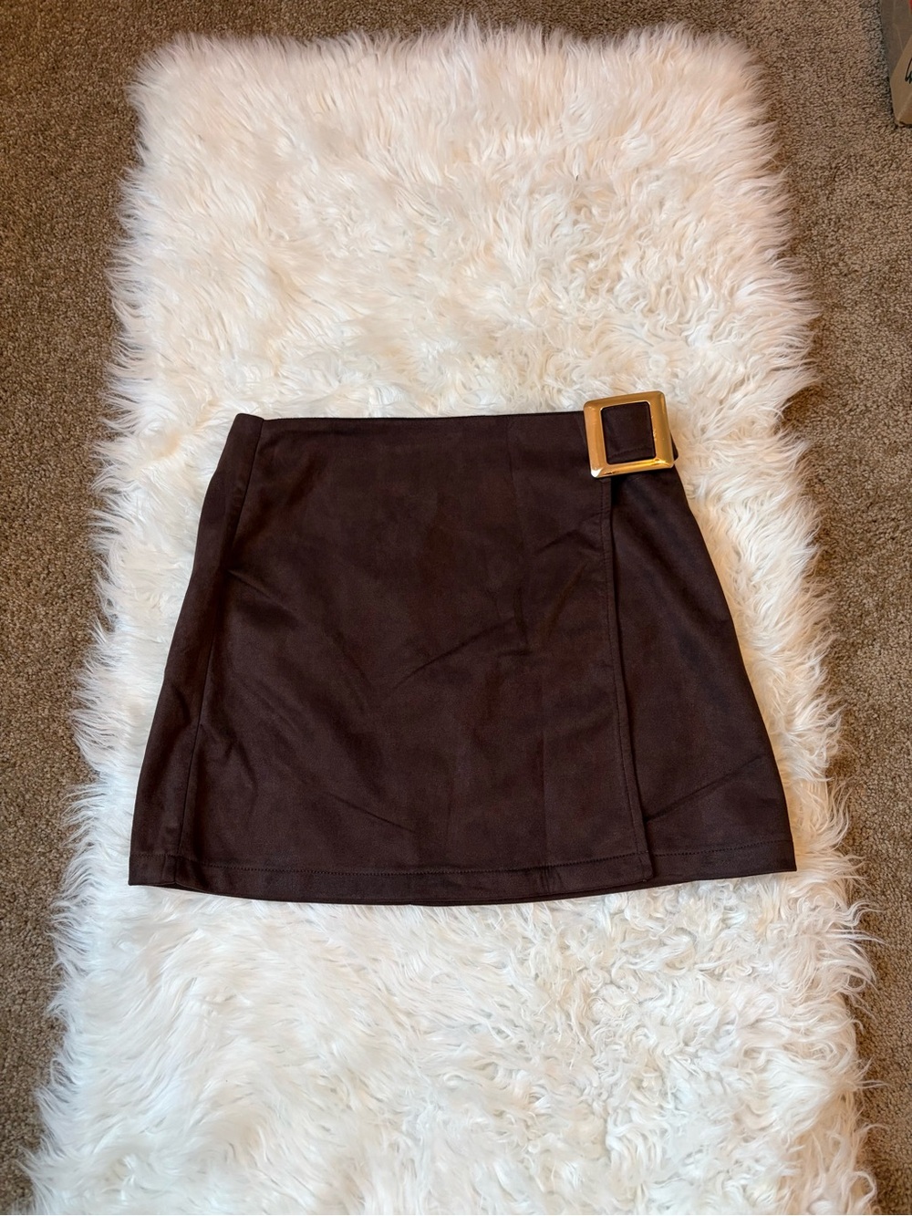 Brown Faux Suede Mini Skirt Gold Buckle Detail A-Line